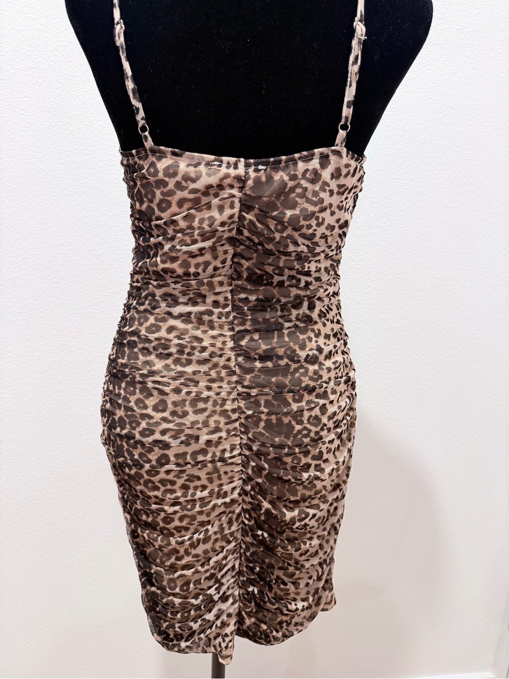 AQUA Leopard Print Ruched Spaghetti Strap Dress - Brown/Tan - Picture 5 of 7